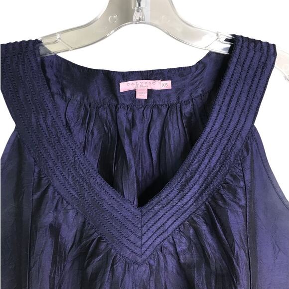 Calypso St. Barth Dress Womens Sz XS Navy Blue Silk Sleeveless VNeck Beach Pool - Picture 2 of 10